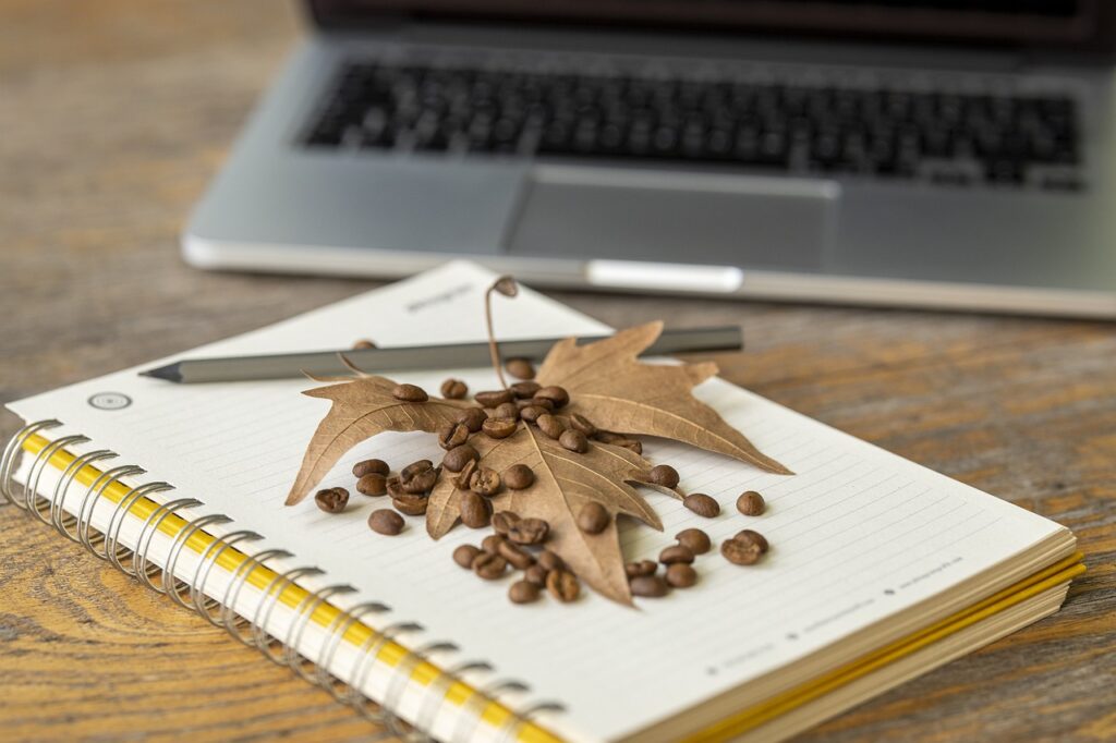 A journal with a brown maple leaf, coffee beans, and pen laying on it, depicting journaling in the fall. In the background is a laptop. 